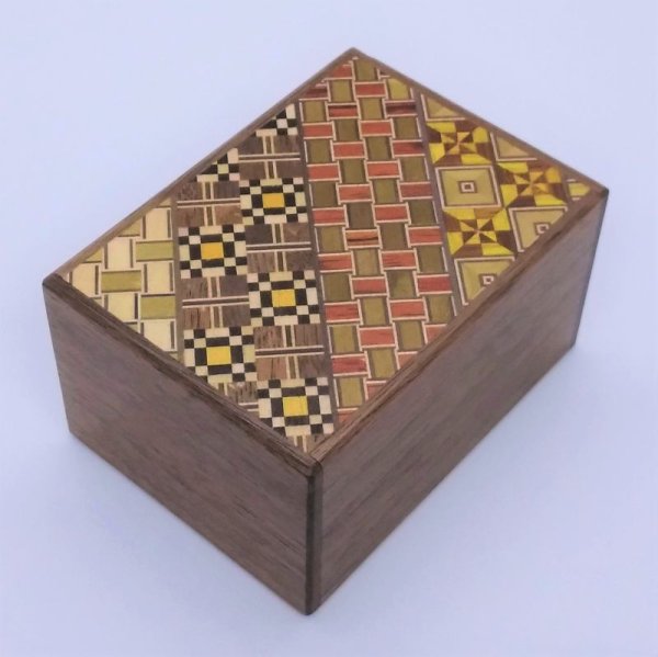 Photo1: 12 steps Yosegi/Walnut wood 3 sun Japanese puzzle box Himitsu-bako (1)