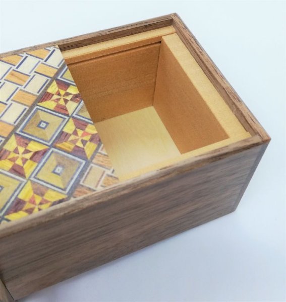 Photo7: 7 steps Yosegi/Walnut wood 3 sun Japanese puzzle box Himitsu-bako (7)