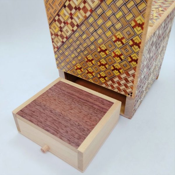 Photo3: Drawer 10 steps Yosegi 4 sun Cube Japanese puzzle box Himitsu-bako (3)