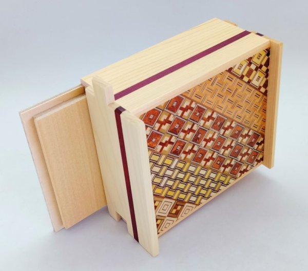 Photo5: 14 steps Yosegi/Natural Hinoki wood 4 sun Wide Japanese puzzle box Himitsu-bako (5)
