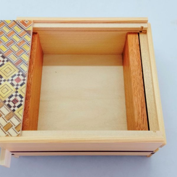 Photo4: 14 steps Yosegi/Natural Hinoki wood 4 sun Wide Japanese puzzle box Himitsu-bako (4)