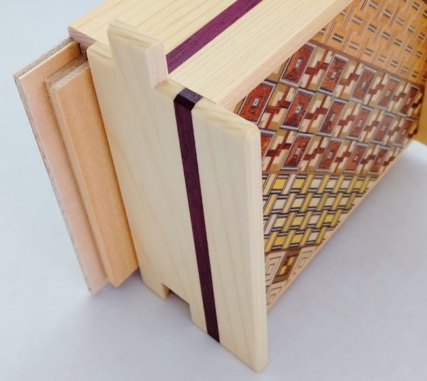 Photo8: 14 steps Yosegi/Natural Hinoki wood 4 sun Wide Japanese puzzle box Himitsu-bako (8)
