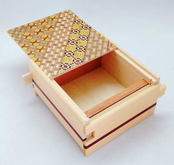 Photo3: 14 steps Yosegi/Natural Hinoki wood 4 sun Wide Japanese puzzle box Himitsu-bako (3)