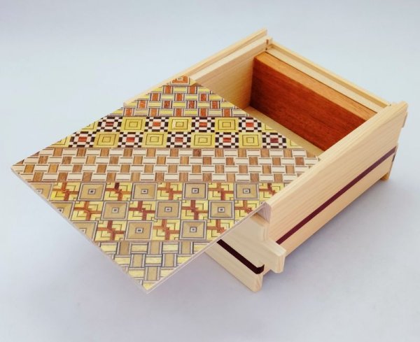 Photo2: 14 steps Yosegi/Natural Hinoki wood 4 sun Wide Japanese puzzle box Himitsu-bako (2)
