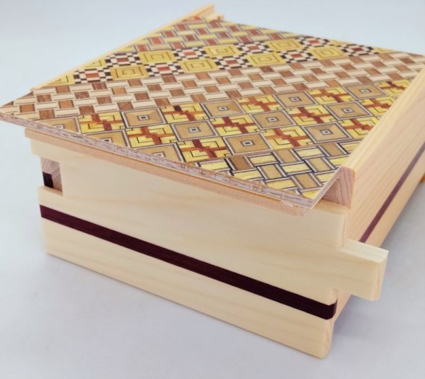 Photo7: 14 steps Yosegi/Natural Hinoki wood 4 sun Wide Japanese puzzle box Himitsu-bako (7)