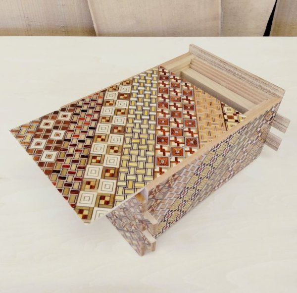 Photo1: 54 steps Traditional Yosegi 6 sun Japanese puzzle box Himitsu-bako (1)