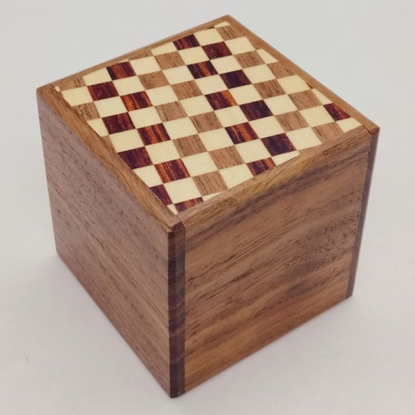 Photo1: 7 steps Ichimatsu/Walnut wood Cube 2 sun Japanese puzzle box Himitsu-bako (1)
