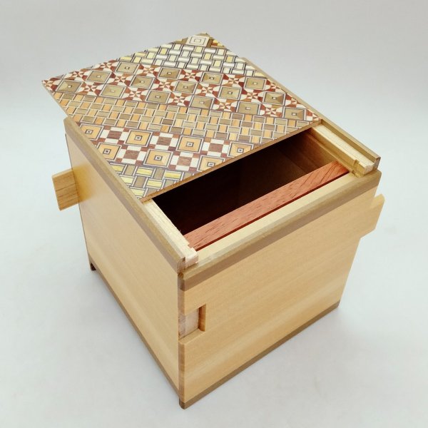 Photo3: 14 steps Yosegi/Natural wood 4 sun Cube Japanese puzzle box Himitsu-bako (3)