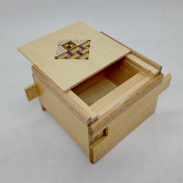 Photo6: Square 12 steps One-point yosegi brown wooden edges Japanese puzzle box Himitsu-bako (6)
