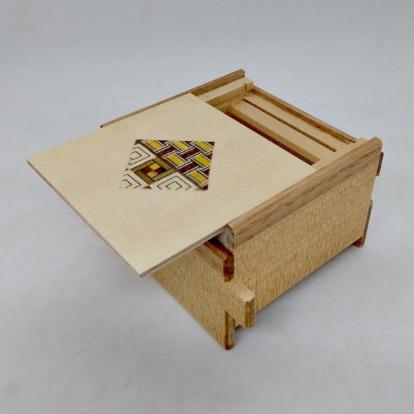 Photo2: Square 12 steps One-point yosegi brown wooden edges Japanese puzzle box Himitsu-bako (2)