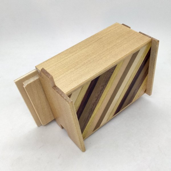Photo5: 14 steps Striped pattern/Agathis wood 4 sun Japanese puzzle box Himitsu-bako (5)