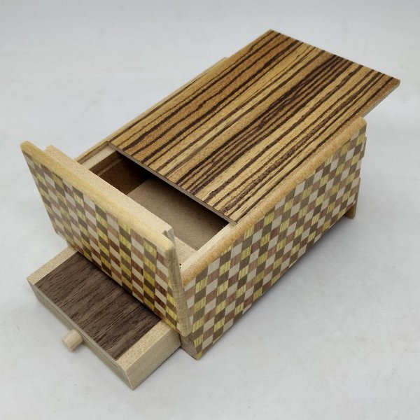 Photo1: Drawer 10 steps Zebrawood/Ichimatsu 4 sun Japanese puzzle box Himitsu-bako (1)
