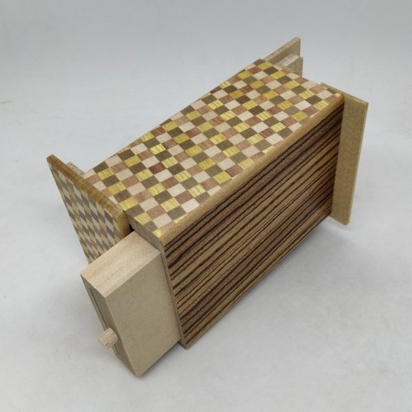Photo4: Drawer 10 steps Zebrawood/Ichimatsu 4 sun Japanese puzzle box Himitsu-bako (4)