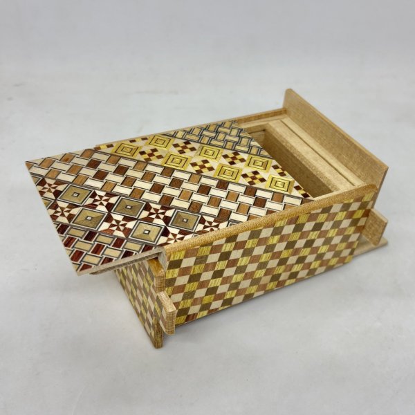 Photo6: Double Compartment 7+7 steps Yosegi.Ichimatsu 4 sun Japanese puzzle box Himitsu-bako (6)