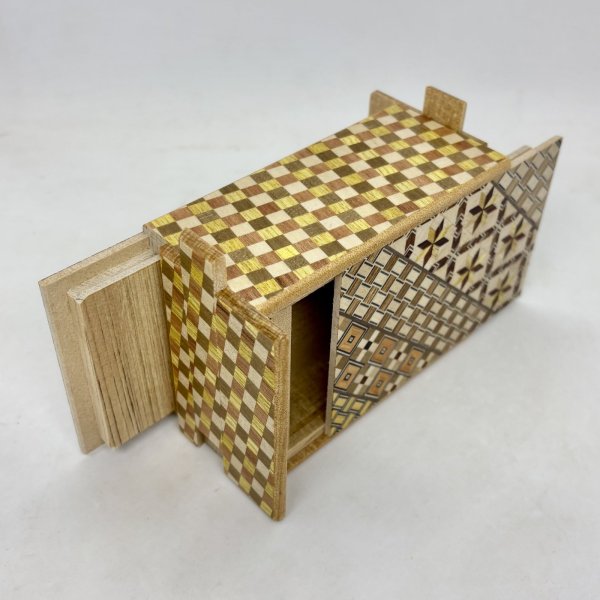 Photo3: Double Compartment 7+7 steps Yosegi.Ichimatsu 4 sun Japanese puzzle box Himitsu-bako (3)