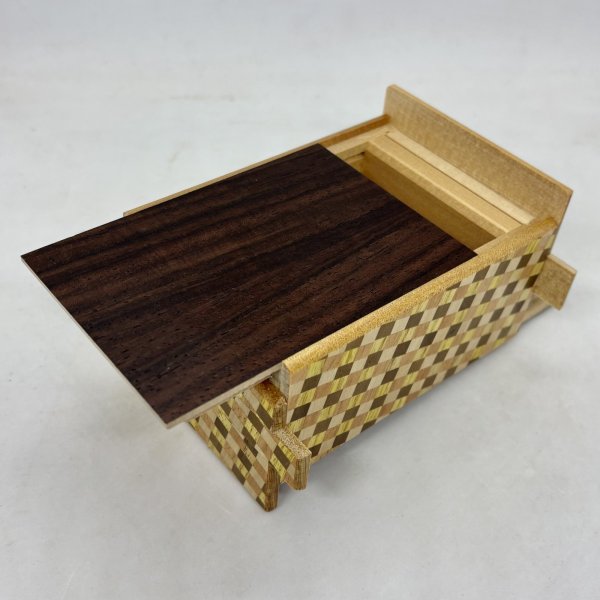 Photo6: Double Compartment 7+7 steps Walnut.Rosewood 4 sun Japanese puzzle box Himitsu-bako (6)