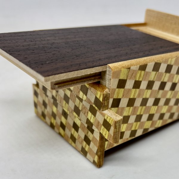 Photo7: Double Compartment 7+7 steps Walnut.Rosewood 4 sun Japanese puzzle box Himitsu-bako (7)