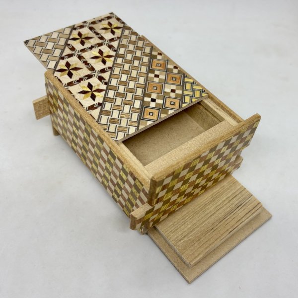 Photo2: Double Compartment 7+7 steps Yosegi.Ichimatsu 4 sun Japanese puzzle box Himitsu-bako (2)